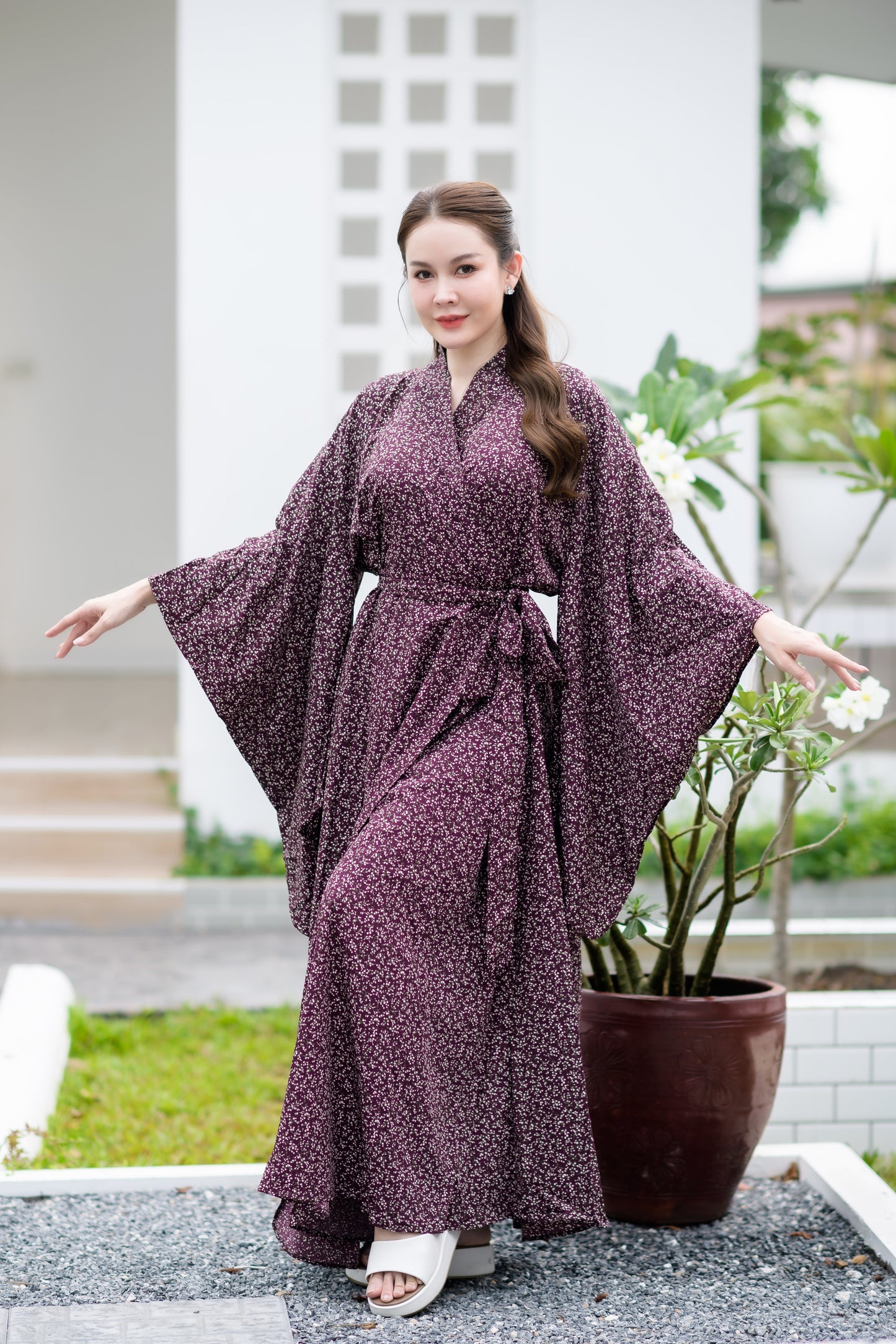 NA'RAK Women's Yukata Kimono Robe : Purple/White Floral Branch