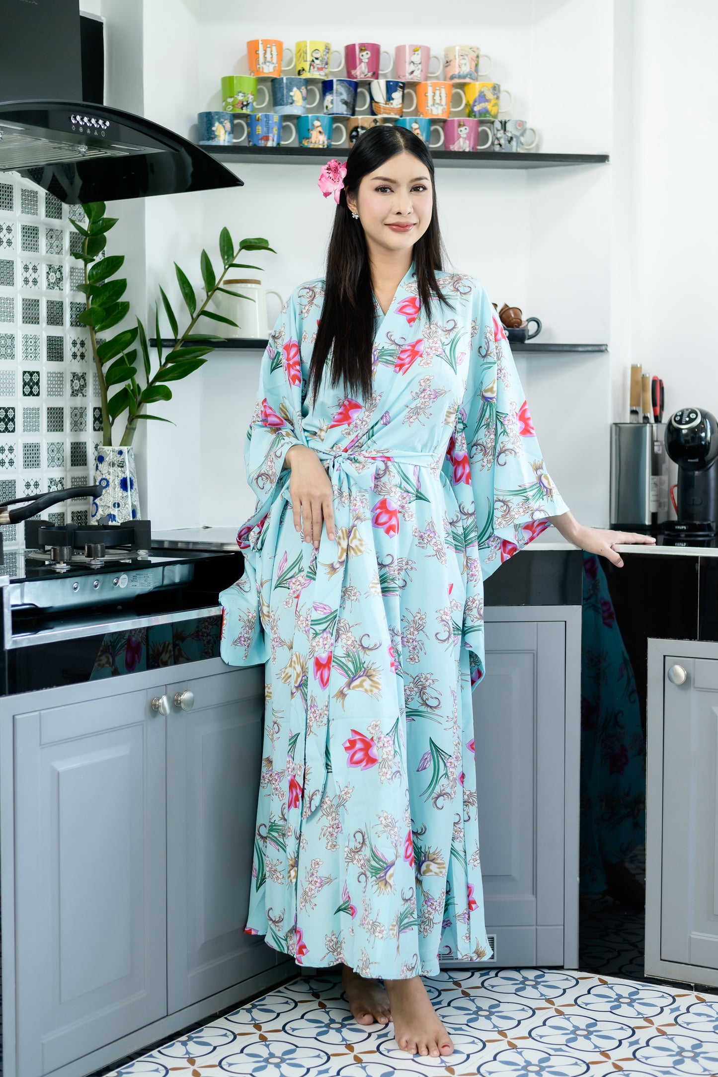NA'RAK Women's Yukata Kimono Robe : Blue Floral