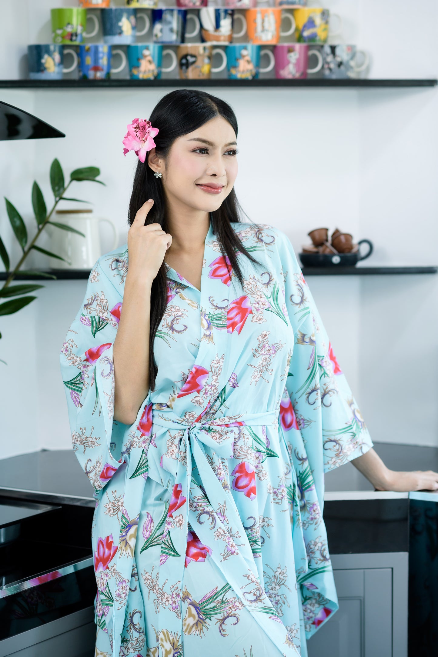 NA'RAK Women's Yukata Kimono Robe : Blue Floral