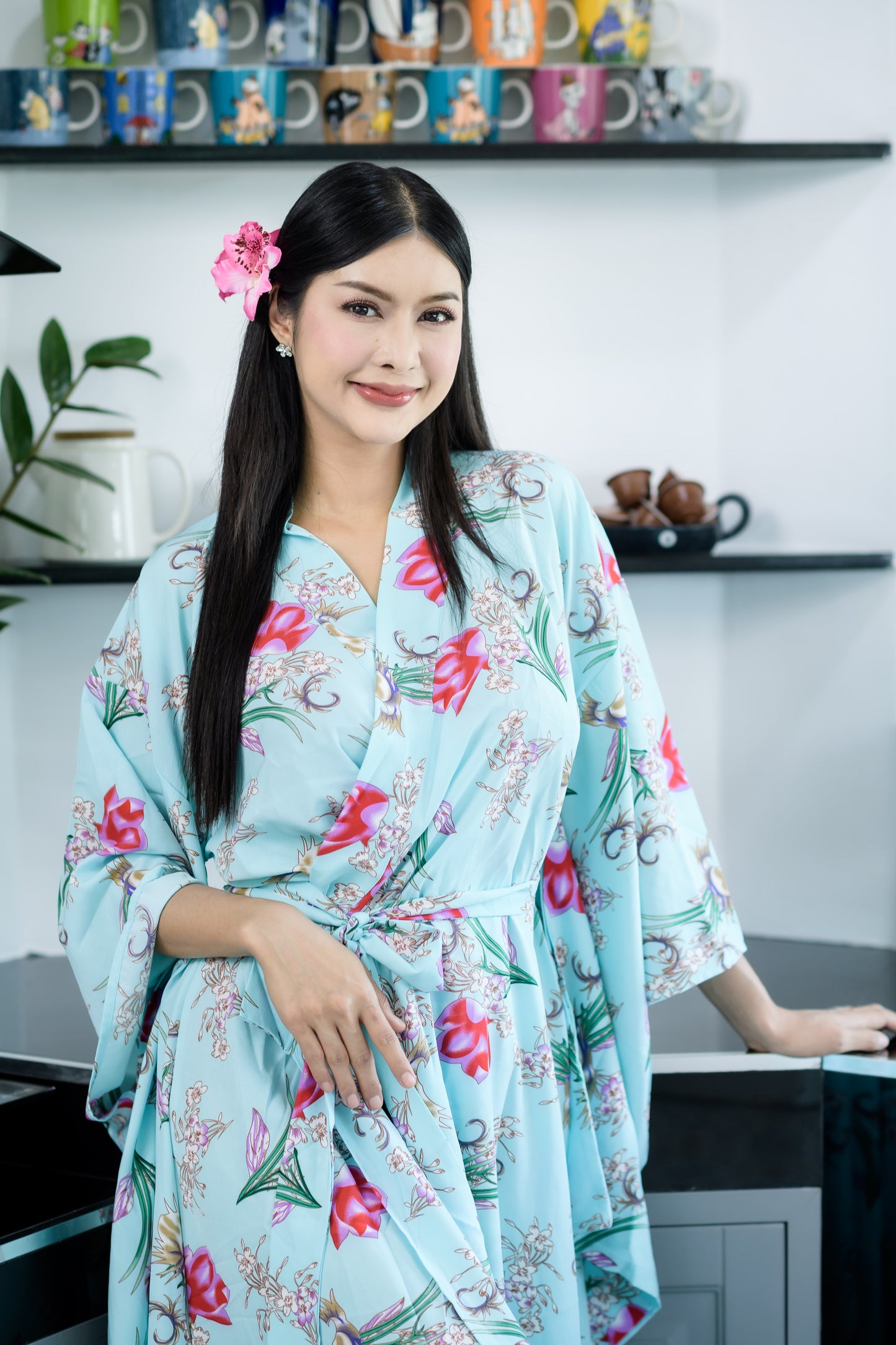 NA'RAK Women's Yukata Kimono Robe : Blue Floral