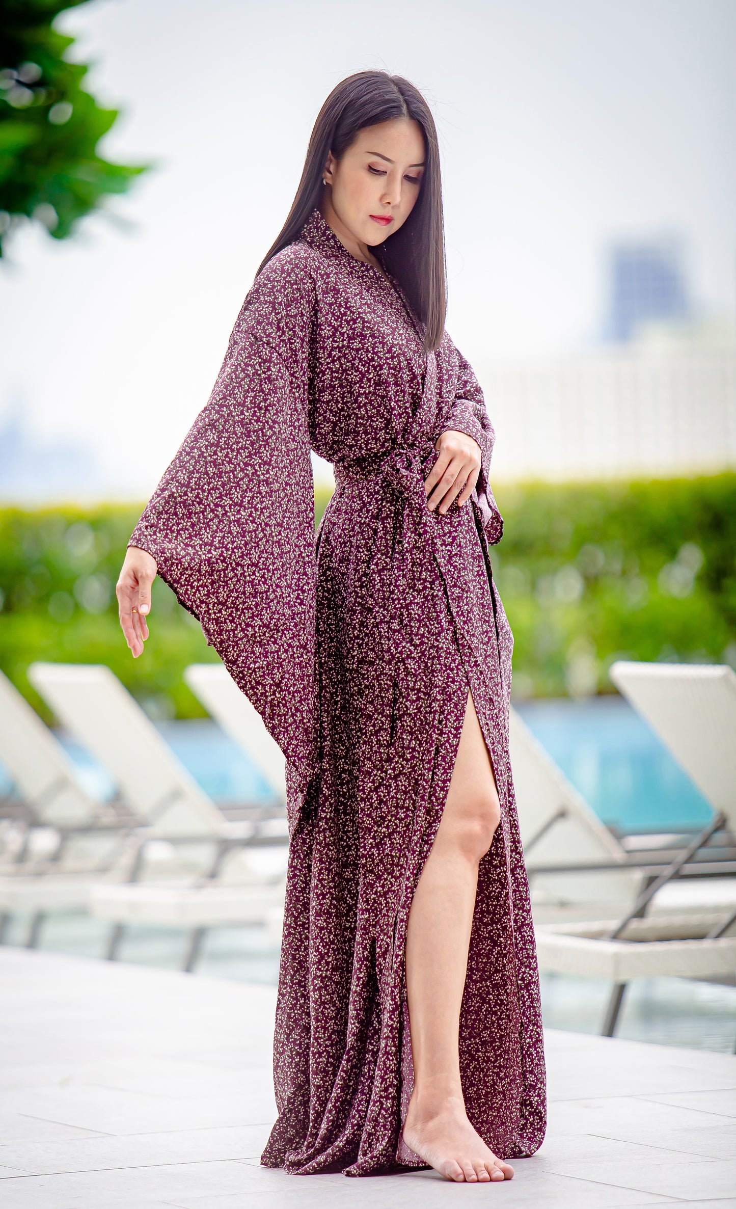 NA'RAK Women's Yukata Kimono Robe : Purple/White Floral Branch