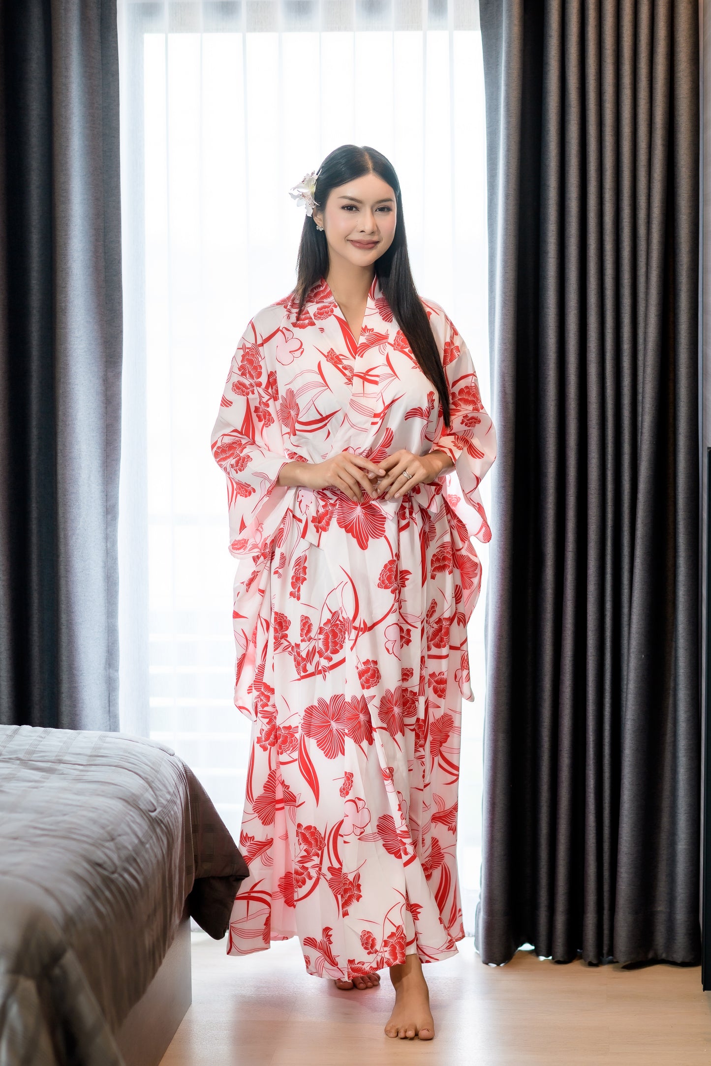 NA'RAK Women's Yukata Kimono Robe : Red White Floral