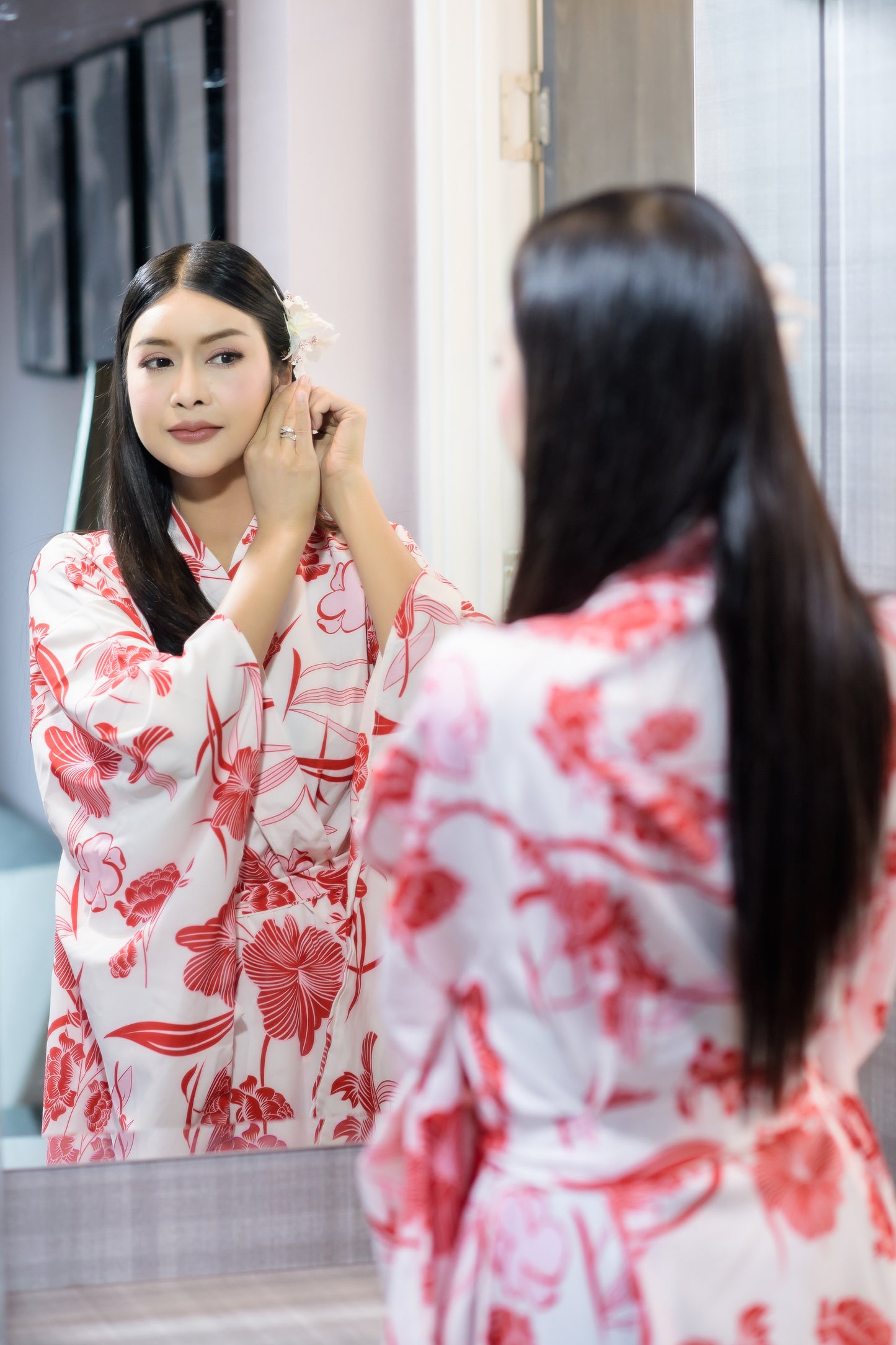 NA'RAK Women's Yukata Kimono Robe : Red White Floral