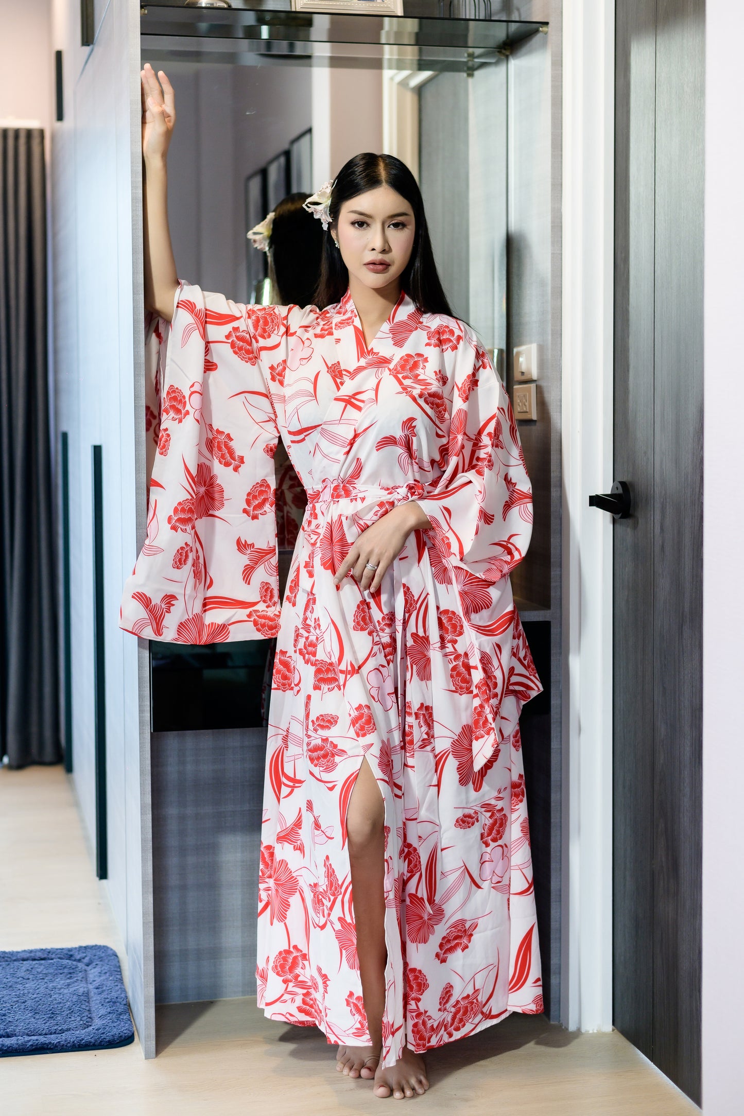 NA'RAK Women's Yukata Kimono Robe : Red White Floral