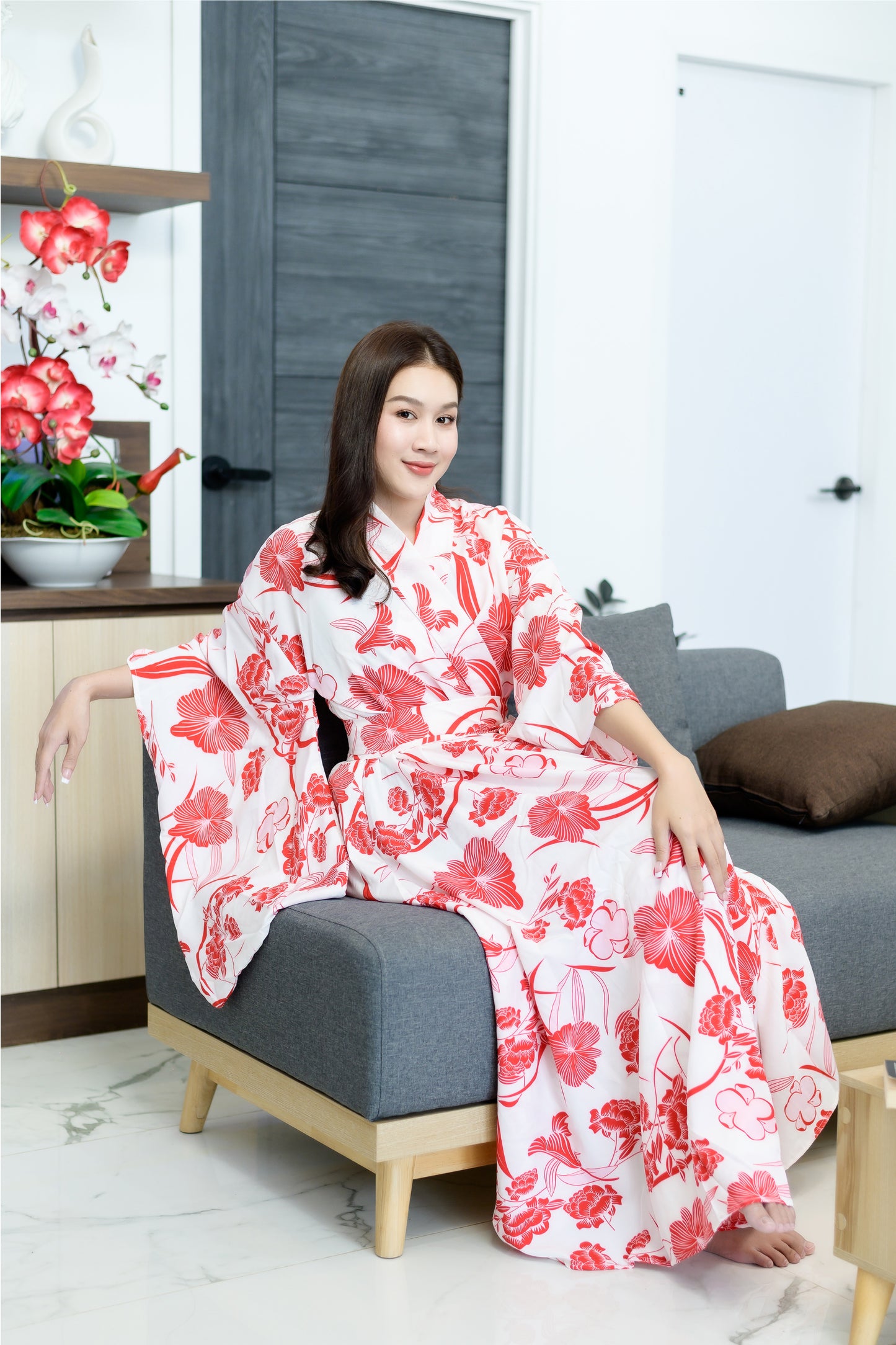 NA'RAK Women's Yukata Kimono Robe : Red White Floral