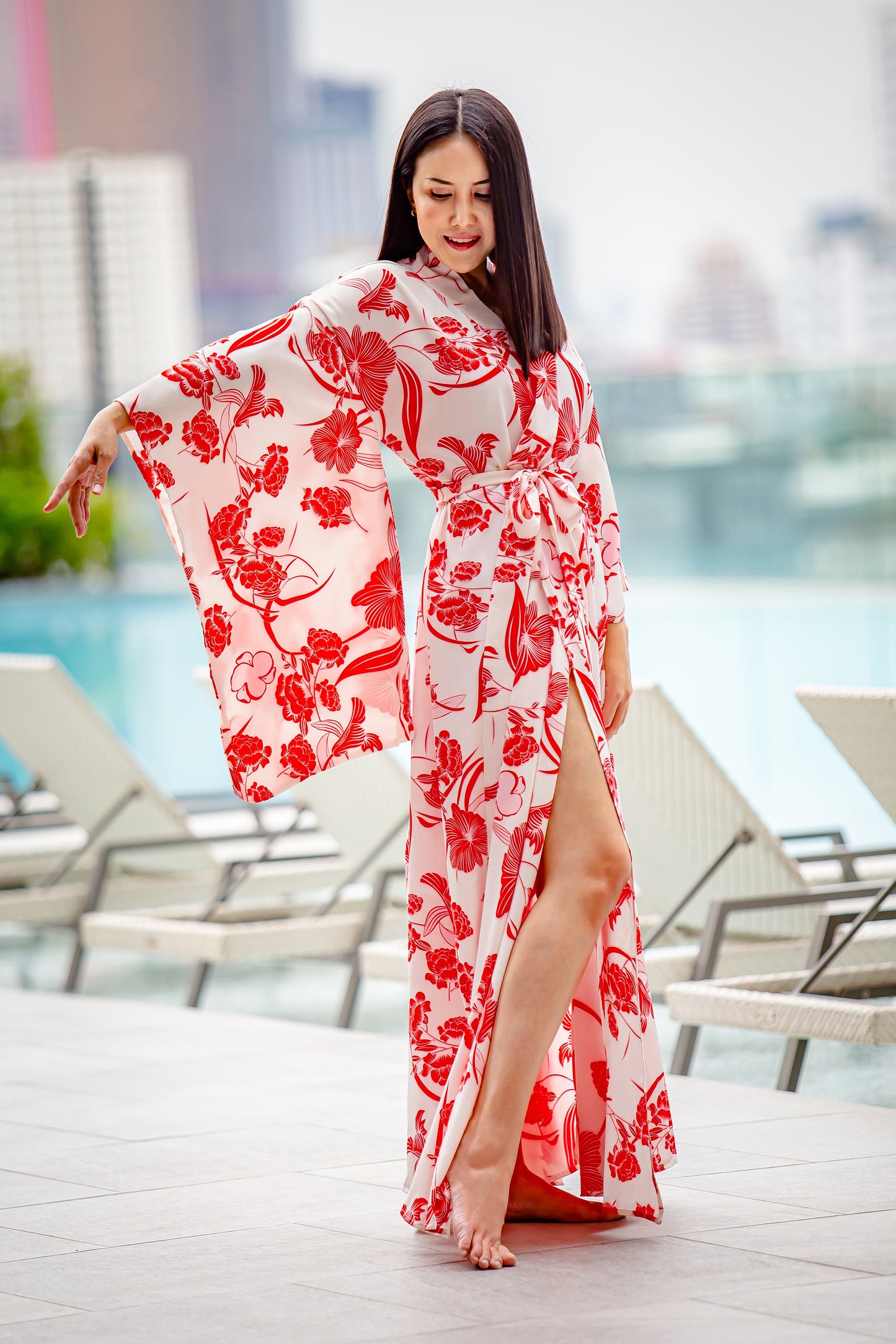 NA'RAK Women's Yukata Kimono Robe : Red White Floral