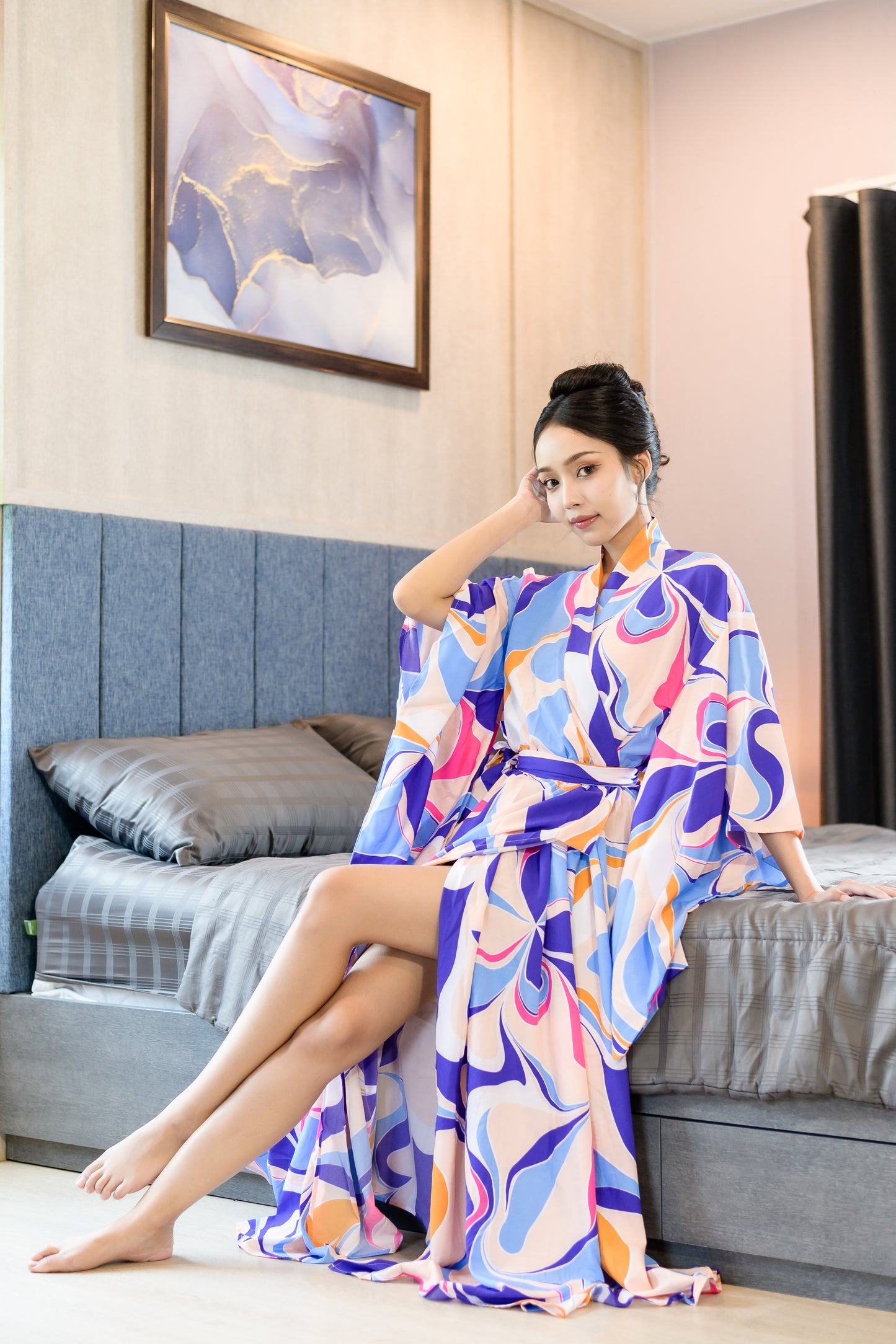 NA'RAK Women's Yukata Kimono Robe : Blue/Gold/Brown Swirls