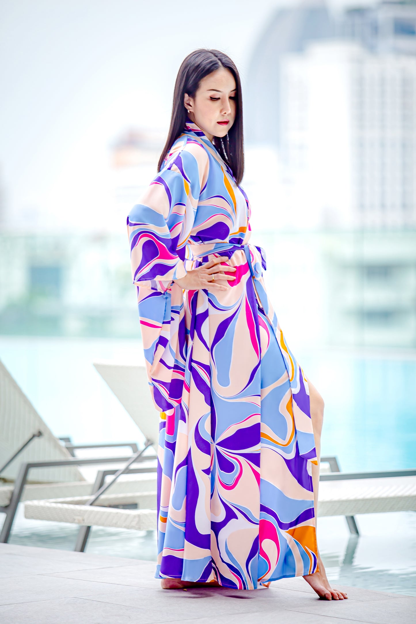 NA'RAK Women's Yukata Kimono Robe : Blue/Gold/Brown Swirls