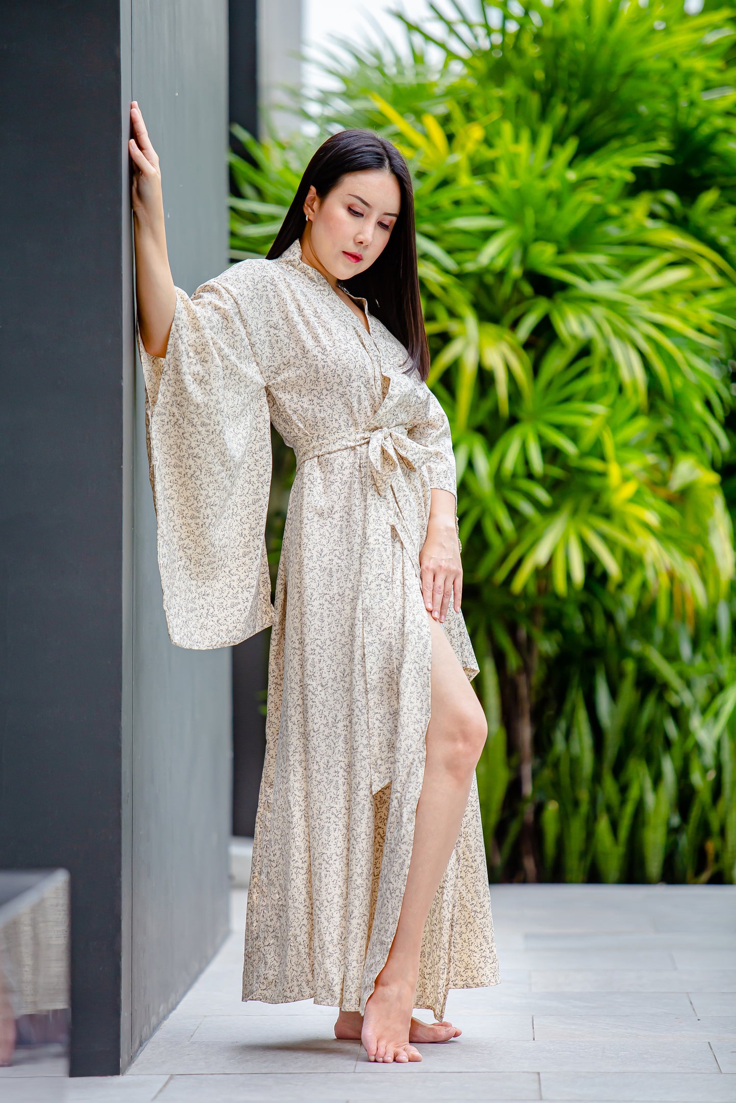 NA'RAK Women's Yukata Kimono Robe : Cream/Brown Floral Branch