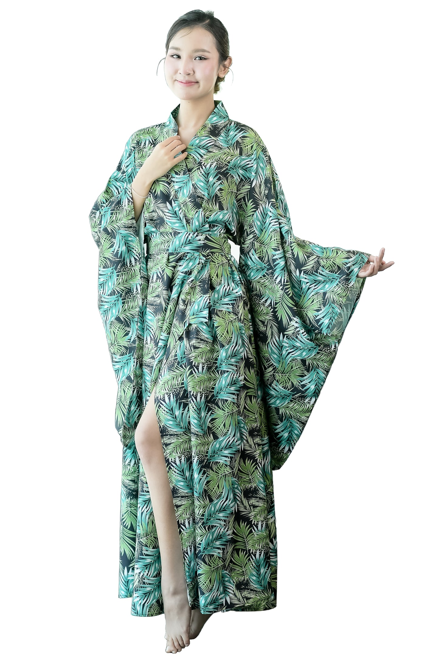 NA'RAK Women's Yukata Kimono Robe : Green Palm Leaf