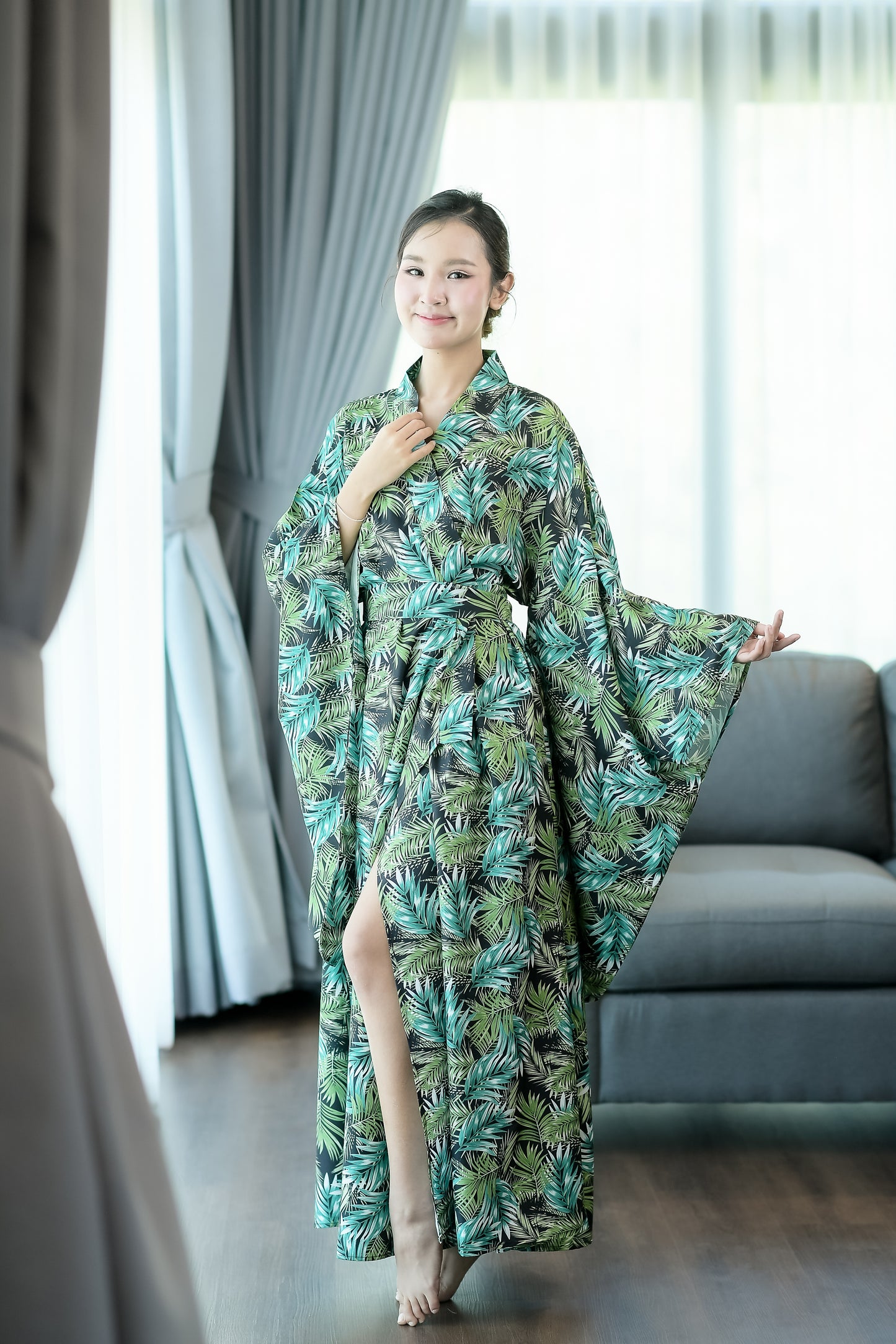 NA'RAK Women's Yukata Kimono Robe : Green Palm Leaf