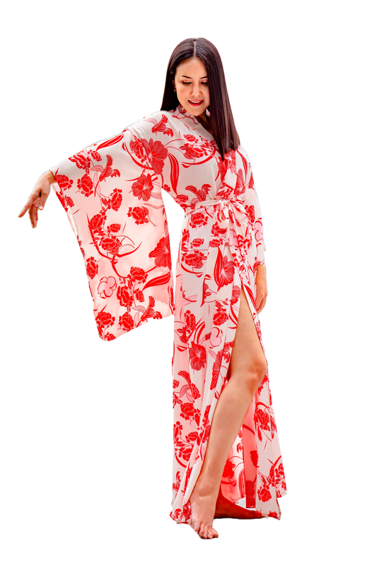 NA'RAK Women's Yukata Kimono Robe : Red White Floral
