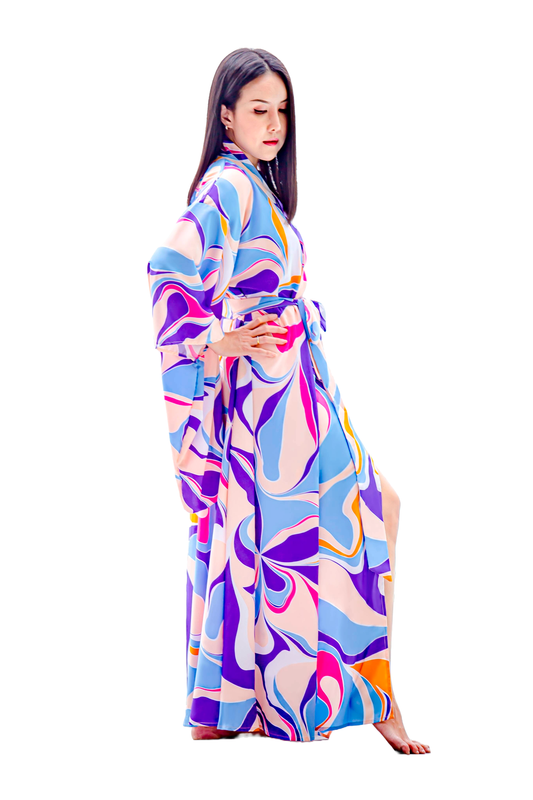 NA'RAK Women's Yukata Kimono Robe : Blue/Gold/Brown Swirls