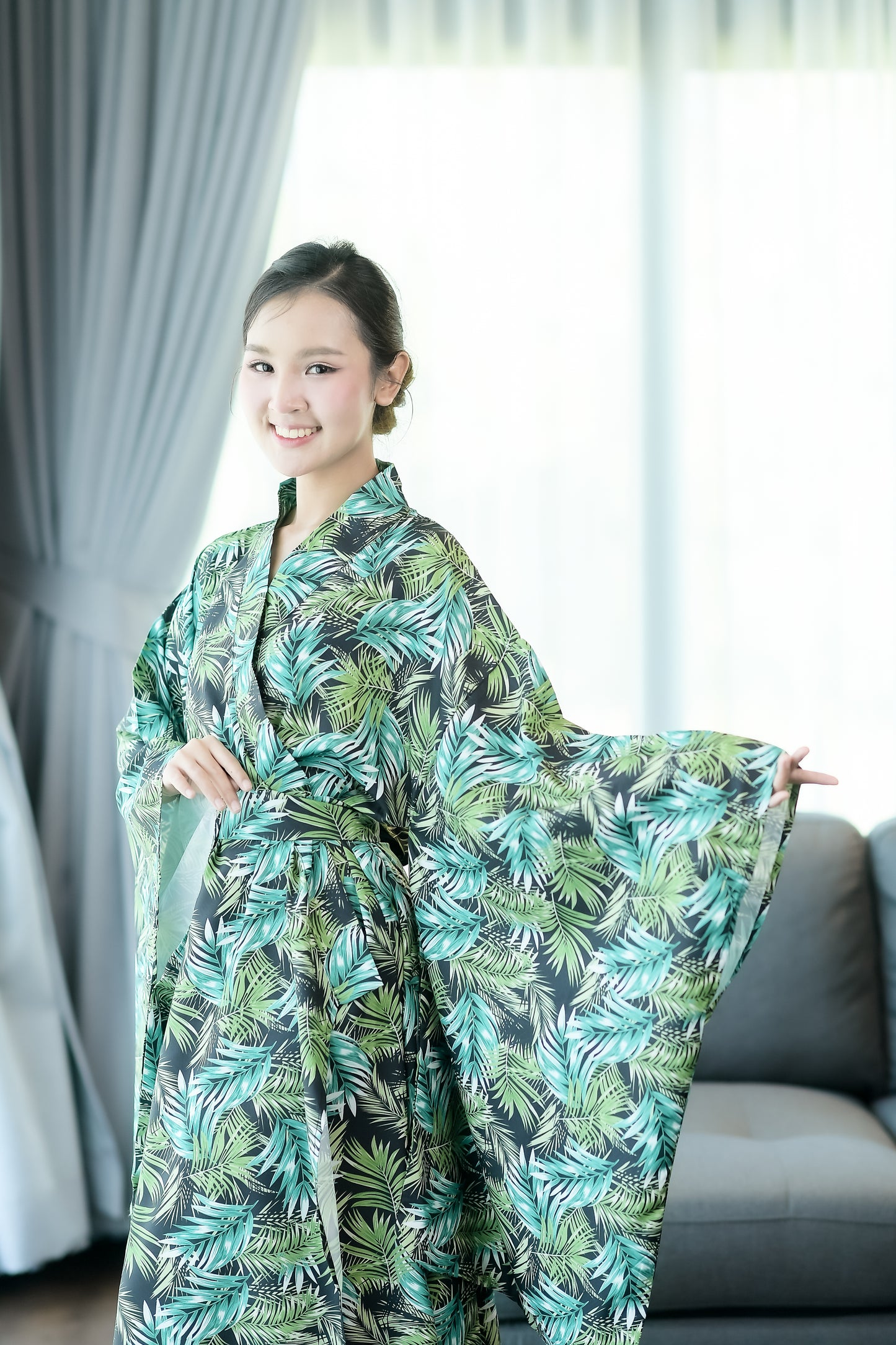 NA'RAK Women's Yukata Kimono Robe : Green Palm Leaf