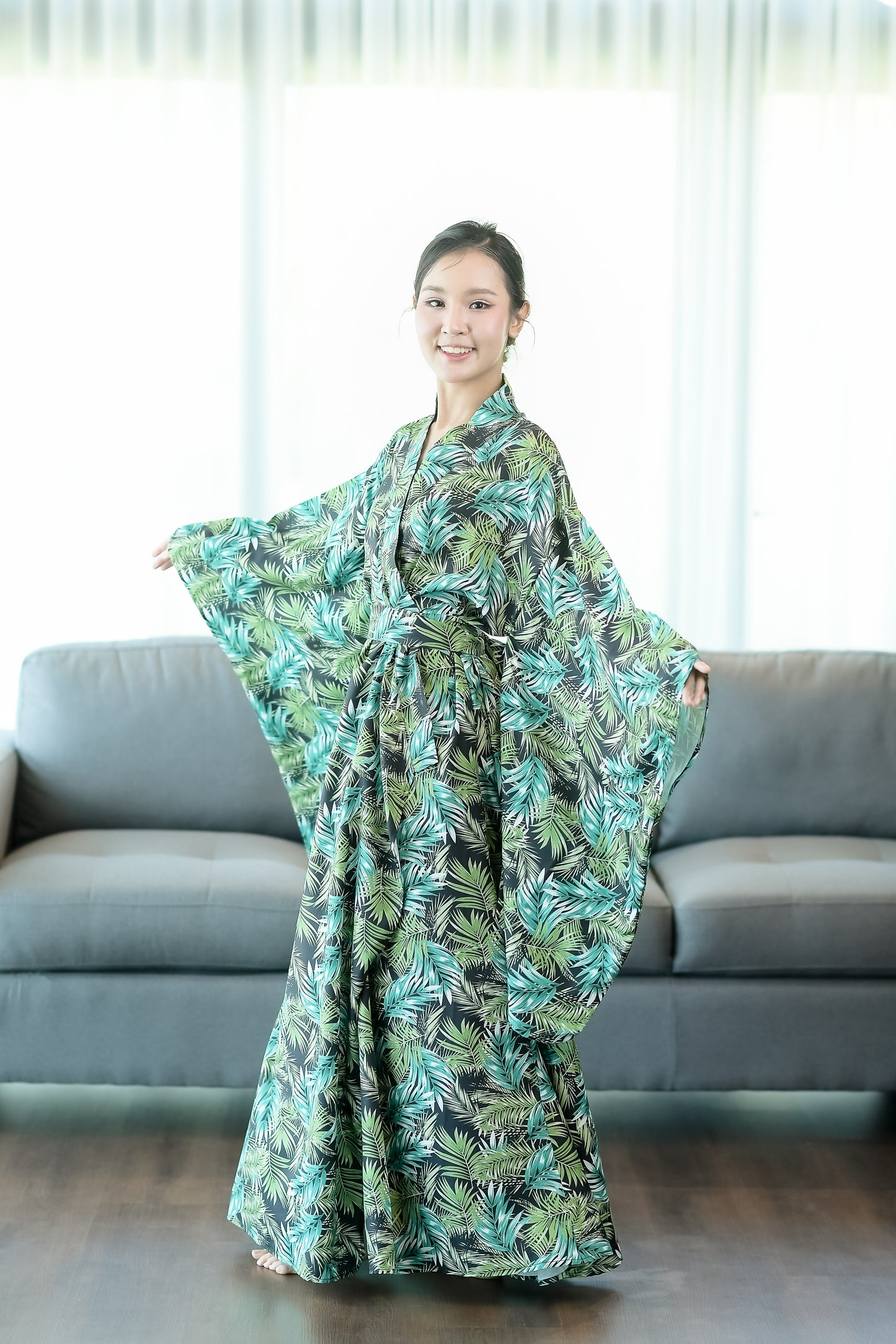NA'RAK Women's Yukata Kimono Robe : Green Palm Leaf