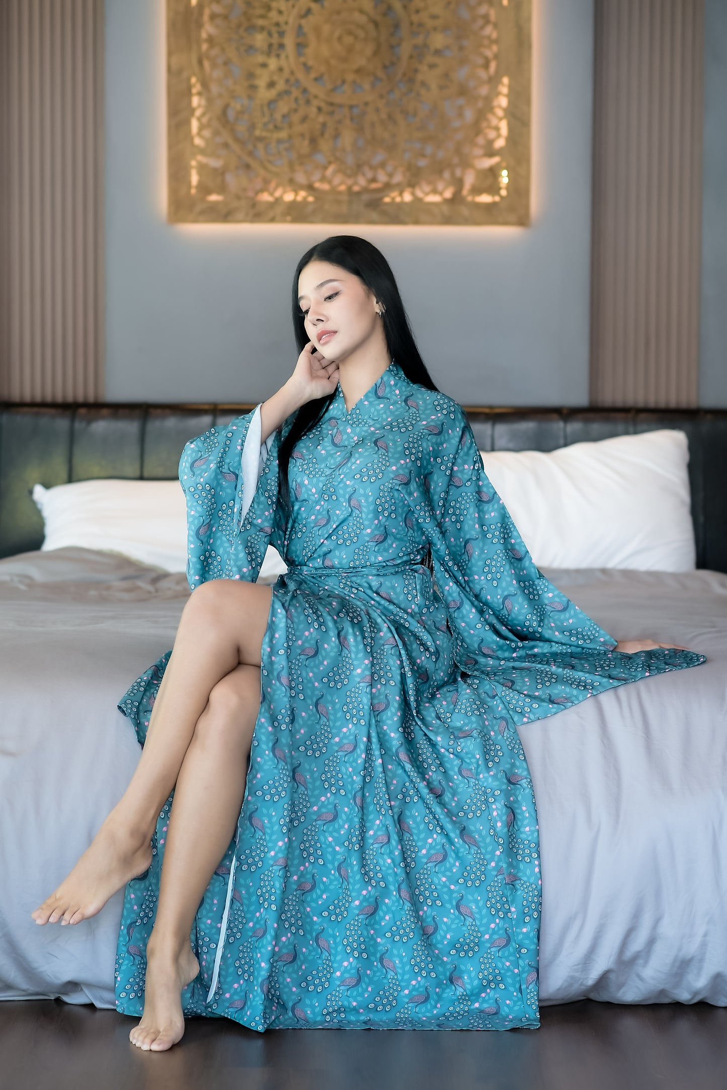 NA'RAK Women's Yukata Kimono Robe : Blue Peacock